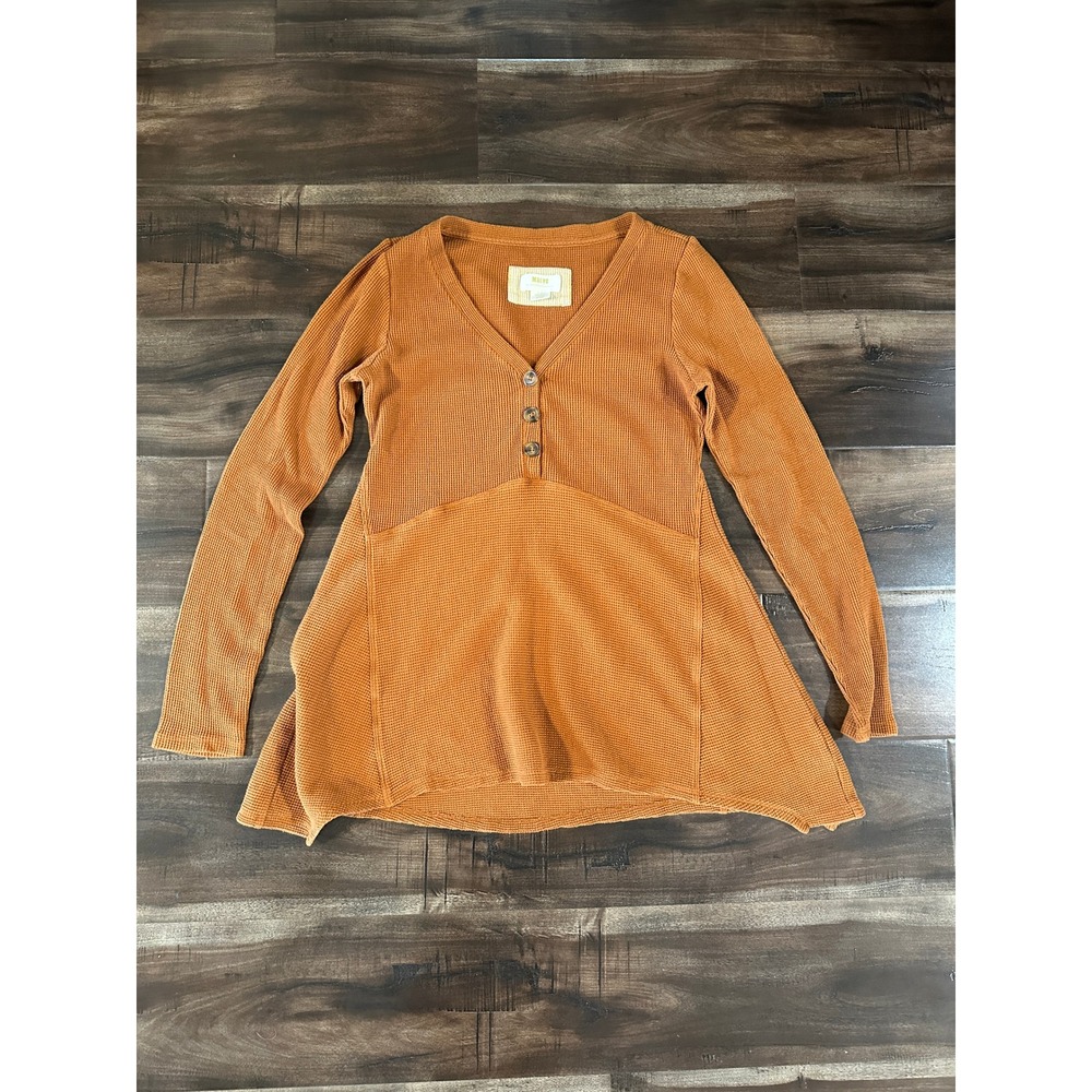 Maeve Anthropologie Waffle Knit Henley Tunic Top Burnt Orange Small Long Sleeve